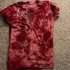 Affliction Burgundy Floral Lace-Up Tee